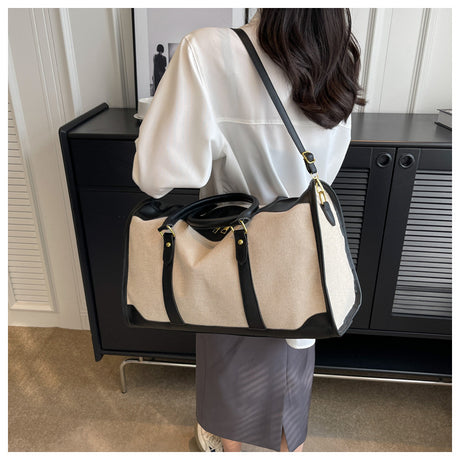 Black Contrast Color Women's Travel Bag - Canvas & PU Leather Trim Luggage (32x21x14cm)
