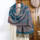 Style 3 Women's Ethnic Faux Cashmere Shawl Wrap - Jacquard Pattern Tassel Scarf (A unique blue)