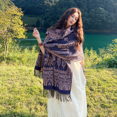 Style 4 Women's Ethnic Faux Cashmere Shawl Wrap - Jacquard Pattern Tassel Scarf (A unique hole purple)