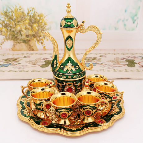 Elegant Gold Metal Serving Set - Decanter, 6 Cups, Tray (Gold Green)