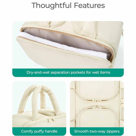 Peach Puffy Travel Wash Bag with Wide-Mouth Access and Wet-Dry Pockets