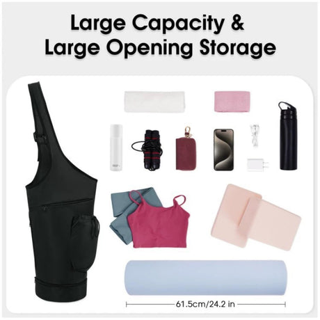 Black All-in-One Yoga Sling Bag - Fits Mat & Gear, Large Opening, Side Pockets