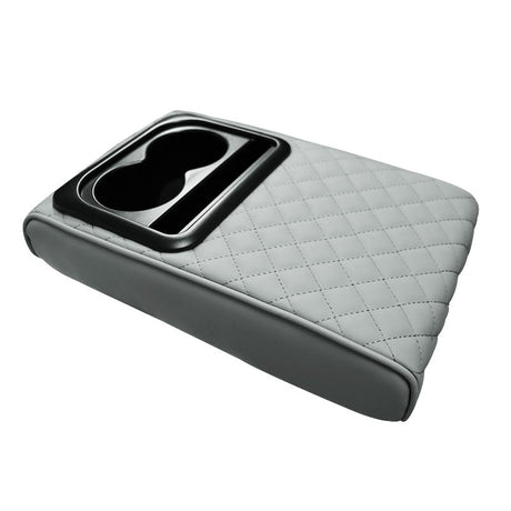 Gray Auto Center Console Armrest Riser Pad with Dual Cup Holders - PU Leather