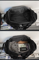 Black Unisex Travel Bag with Utility Buckles and Wet/Dry Compartments