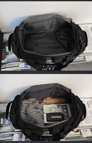 Black Unisex Travel Bag with Utility Buckles and Wet/Dry Compartments