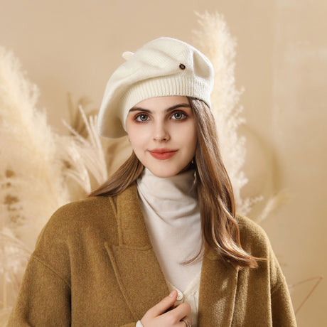White Vintage Inspired Knitted Beret - Stretchy & Comfortable Wool Blend Cap