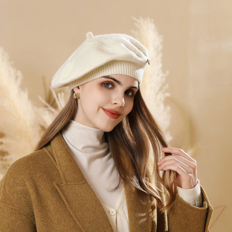 White Vintage Inspired Knitted Beret - Stretchy & Comfortable Wool Blend Cap