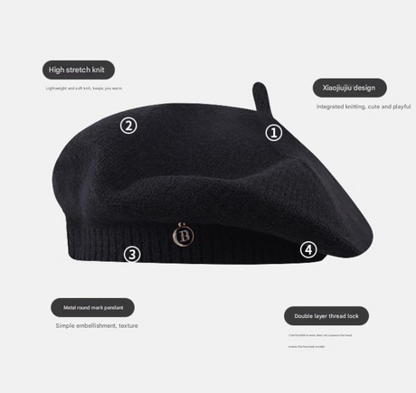 Blue Vintage Inspired Knitted Beret - Stretchy & Comfortable Wool Blend Cap