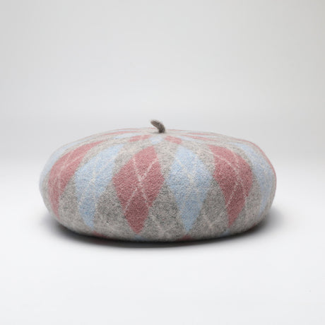 Diamond Colorblock Wool Beret - Stylish Plaid Painter Hat, Warm and Soft - (Pink)