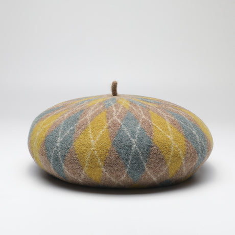 Diamond Colorblock Wool Beret - Stylish Plaid Painter Hat, Warm and Soft - (Yellow)