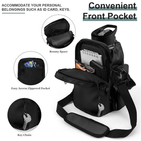 Black Portable Crossbody Water Bottle Holder with Multiple Pockets - Thermal Cooler Bag