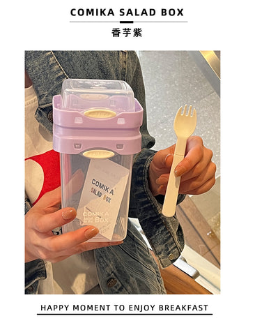 Purple Portable salad cup with ingredient compartment and fork and spoon - enjoy breakfast on the go