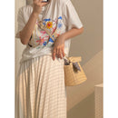 Woven Straw Bucket Bag with Gingham Bow Accent - Mini Top Handle & Crossbody