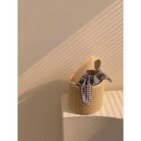Woven Straw Bucket Bag with Gingham Bow Accent - Mini Top Handle & Crossbody
