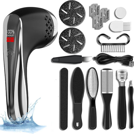 Black Rechargeable Electric Foot Grinder with Suction - Complete 10-Piece Pedicure Kit