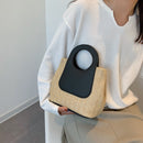 Retro Straw Tote Bag - Woven Handbag with Contrast Panel & Round Handles