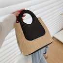 Retro Straw Tote Bag - Woven Handbag with Contrast Panel & Round Handles