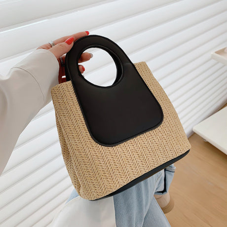 Retro Straw Tote Bag - Woven Handbag with Contrast Panel & Round Handles
