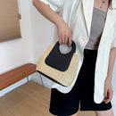 Retro Straw Tote Bag - Woven Handbag with Contrast Panel & Round Handles