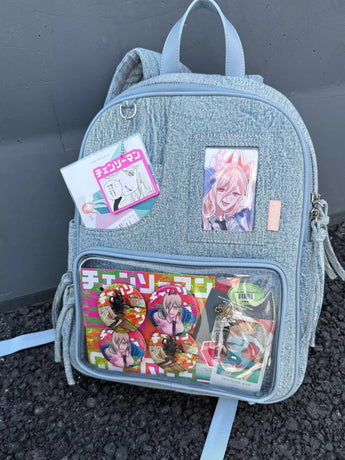 Light blue Large Capacity Anime Denim Bookbag for School Commute  Anime Fans
