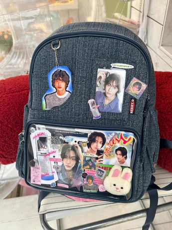 Dark blue Large Capacity Anime Denim Bookbag for School Commute  Anime Fans
