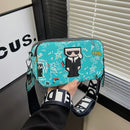 Blue Unique Doodle Print PU Leather Bag - Lightweight Crossbody with Character