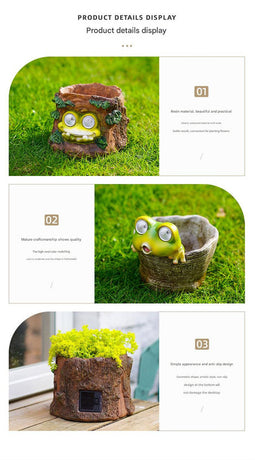 Frog Solar Light Planter - Resin Succulent Pot with Glowing Eyes (Stump frog)