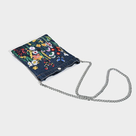 Embroidered Floral Denim Crossbody Bag - Butterfly & Wildflower Design, Chain Strap