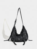 Distressed Black Denim Messenger Bag - Rivet Detail, Adjustable Strap, Large Streetwear Tote