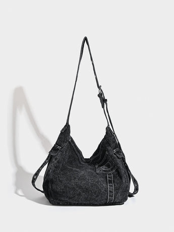 Distressed Black Denim Messenger Bag - Rivet Detail, Adjustable Strap, Large Streetwear Tote