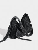 Distressed Black Denim Messenger Bag - Rivet Detail, Adjustable Strap, Large Streetwear Tote