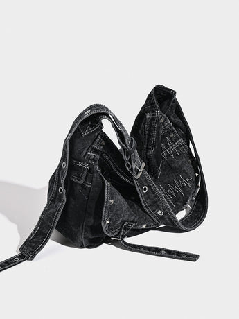Distressed Black Denim Messenger Bag - Rivet Detail, Adjustable Strap, Large Streetwear Tote