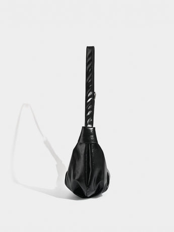 Chic Ruched Faux Leather Bag - Vintage Inspired Croissant Style, Black