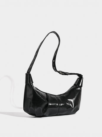 Chic Ruched Faux Leather Bag - Vintage Inspired Croissant Style, Black
