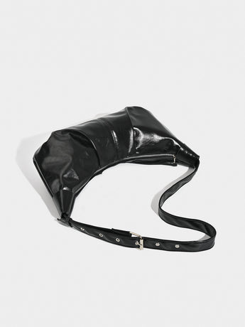 Chic Ruched Faux Leather Bag - Vintage Inspired Croissant Style, Black
