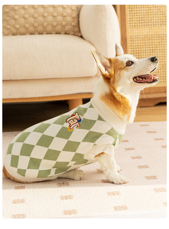 Classic Argyle Dog Sweater - Green & White Knit for Corgis & Medium Breeds (Size : M)