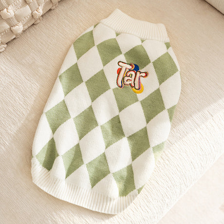 Classic Argyle Dog Sweater - Green & White Knit for Corgis & Medium Breeds (Size : S)