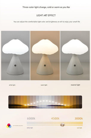 Gray Mushroom LED Table Lamp - Rechargeable, 3-Color Touch Dimmable, USB-C