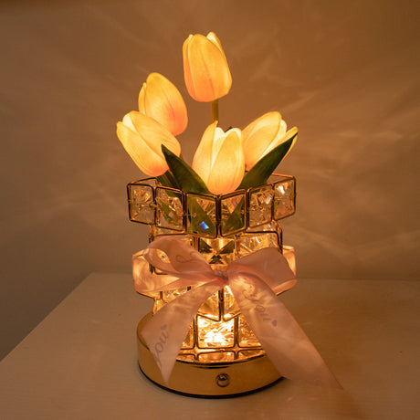 Pink Elegant Crystal Tulip LED Night Light - Rechargeable Touch Lamp with 3 Colors & Dimming