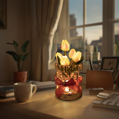 Pink Elegant Crystal Tulip LED Night Light - Rechargeable Touch Lamp with 3 Colors & Dimming