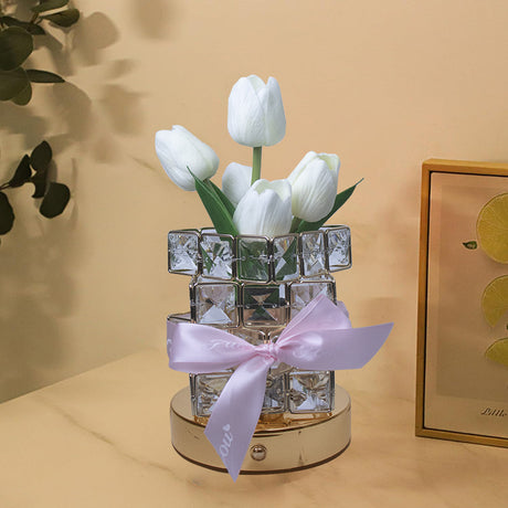 Yellow Elegant Crystal Tulip LED Night Light - Rechargeable Touch Lamp with 3 Colors & Dimming