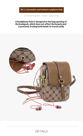 Brown and Black Chic Diamond Mini Crossbody Phone Purse - PU Leather Vertical Shoulder Bag with Headphone Port
