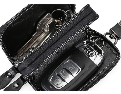 Black Premium Genuine Leather Double Zipper Key Case - Car & House Key Organizer Pouch