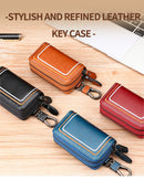 Red Premium Genuine Leather Double Zipper Key Case - Car & House Key Organizer Pouch