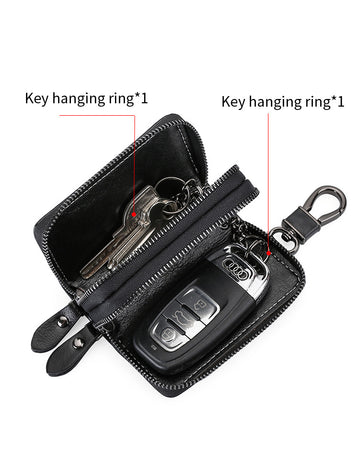 Red Premium Genuine Leather Double Zipper Key Case - Car & House Key Organizer Pouch