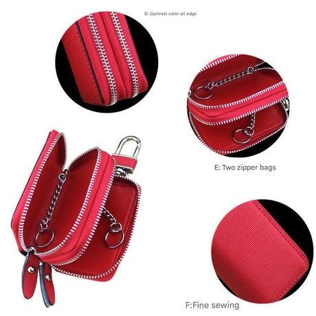 White Compact Crossgrain Leather Double Zipper Key Case - Stylish Car & Home Key Organizer