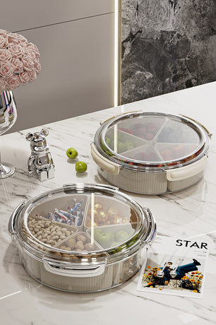 Beige And Silver Snap Button Elegant Compartment Serving Tray with Lid - Versatile Snack, Fruit & Candy Box