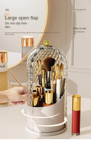 Black Elegant 360 Rotating Makeup Brush Holder & Cosmetic Organizer with Dustproof Dome Lid(Makeup is a prop for shooting and is not included)