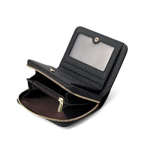 Black Compact RFID Genuine Leather Wallet for Women - Secure Zipper Card Holder & Coin Purse
