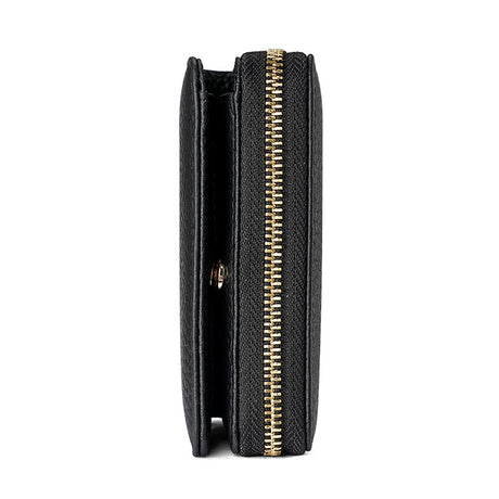Black Compact RFID Genuine Leather Wallet for Women - Secure Zipper Card Holder & Coin Purse